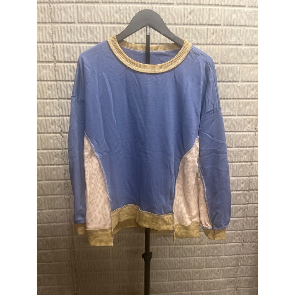 Womens Oversized Colorblock Sweatshirt Blue Waffle Knit‎ Crew Neck Small